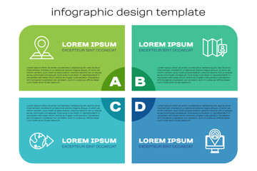 Set line Location on the globe, Folded map with location marker, Monitor and . Business infographic template. Vector