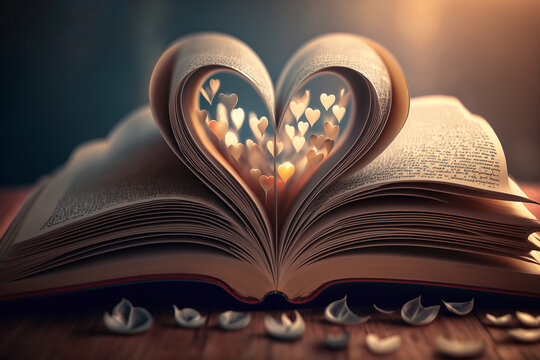 Generative AI image of an open book with pages folded to form the shape of the heart.
