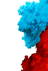 abstract patterns of blue and red paint on a white background, creative photo, copy space