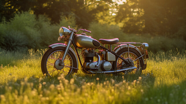 Generative AI image of a fully restored of a vintage motorcycle from the 40's era. Motorcycle is a popular mode of transportation 