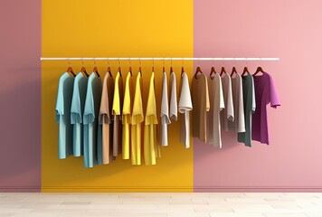 t shirts on rack and hanging in room, generative ai