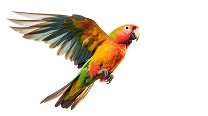 Parrot in flight against a transparent background. Generative AI. 