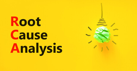 RCA root cause analysis symbol. Concept words RCA root cause analysis on yellow paper. Beautiful...