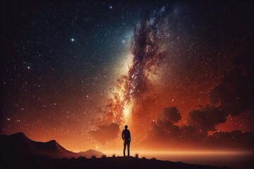 Naklejka na ściany i meble man standing on a hilltop, gazing at the starry night sky Generative AI
