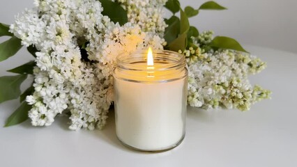 Burning candle in clear glass jar and white lilac bouquet on white table, candle video mockup