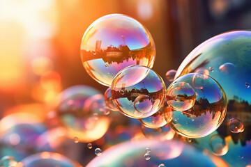 Soap bubbles against a blurred light background. AI generative