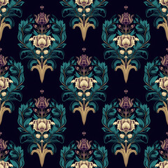 Vintage floral seamless pattern. Elegant botanical background with flowers, leaves, vignette elements. Old fashionable baroque seamless wallpapers design. Illustration created with generative AI tools