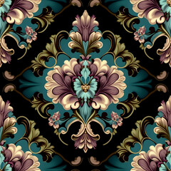 Luxury Damask seamless pattern. Ornament in baroque, rococo, renaissance style. Elegant background with curly floral elements. Repeatable ornate design. Illustration created with generative AI tools