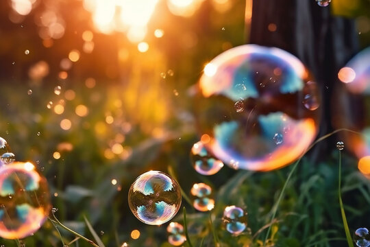 Soap bubbles against a blurred light natural summer background. AI generative