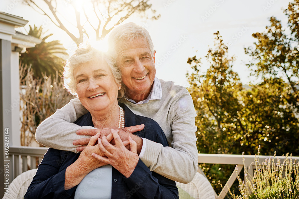 Poster Hug, patio and portrait of senior couple at sunrise enjoy bonding, quality time and relax in morning. Love, retirement home and face of elderly man and woman smile for marriage, trust and happiness