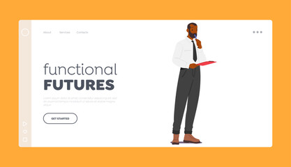 Functional Future Landing Page Template. Male Character Holding Pen And Clipboard, Making Notes, Gathering Information