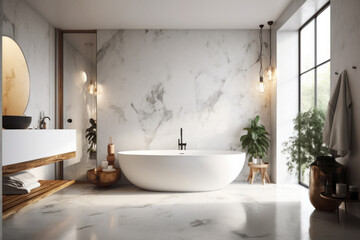 A spacious and airy bathroom with a luxurious white bathtub placed next to a window, providing natural light and a restful atmosphere. Perfect for a rejuvenating soak. AI Generative.