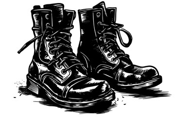Doodle inspired Combat boots, cartoon sticker, sketch, vector, Illustration - obrazy, fototapety, plakaty