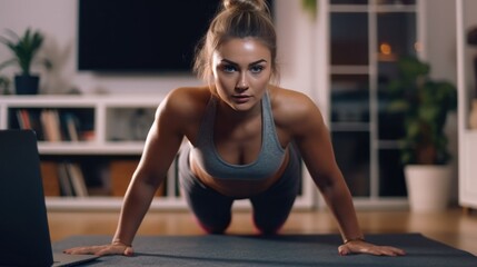 Fototapeta premium Beautiful young woman exercising at home Illustration AI Generative