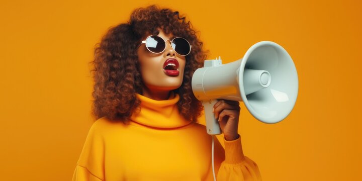 Woman holding megaphone. Illustration AI Generative.