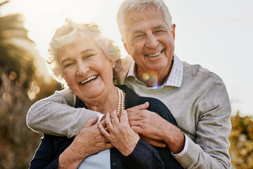 Hug, nature and portrait of senior couple enjoying bonding, faces and relax in morning. Love, retirement and elderly man and woman smile outdoors for marriage, trust and happiness at sunrise