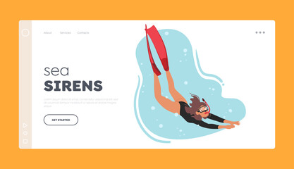 Sea Sirens Landing Page Template. Swimmer Female Character Dives Into The Water With Grace And Precision