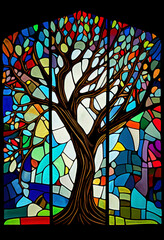 The Tree of Life stained glass window which is mentioned by the Bible as being in the Garden of Eden and who's fruit is the source of all knowledge, computer Generative AI stock illustration image