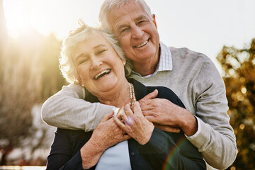 Happy, love and portrait of senior couple enjoying bonding, quality time and relax in morning....