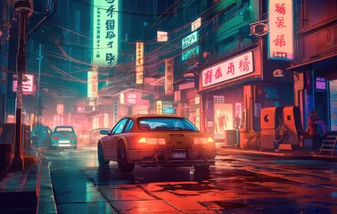 Foto op Plexiglas Car in an empty cyberpunk city near night lights, in the style of a psychedelic manga. Generative AI © keks20034