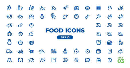 Food icons set. Vector. Fruits, vegetables, meat, seafood, fresh healthy food, beverages, drinks, cutlery, sweets, fast food. Isolated on white background. Line icons collection. Eps10 illustration.