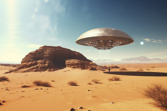 UFO in the desert on a sunny day. Generative AI.