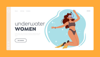 Underwater Women Landing Page Template. Woman Wearing Bikini, Mask and Tube Diving. Young Female Character