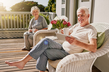 Morning, patio and portrait of senior couple with coffee enjoying bonding, quality time and relax...
