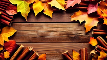 Autumn Bliss: A Cozy Seasonal Arrangement of Leaves, Pumpkins, and Cinnamon on a Rustic Wood Background