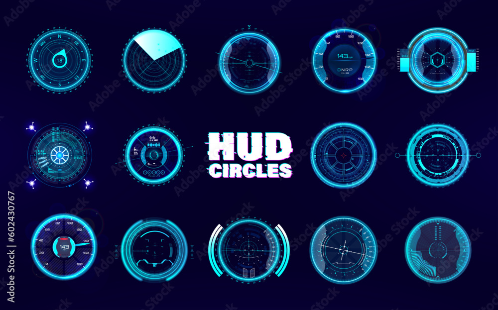 Poster futuristic hud gadgets holograms, circle sniper scope, crosshairs, radar, speedometer with neon effe