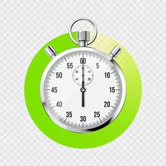 Realistic classic stopwatch. Shiny metal chronometer, time counter with dial. Green countdown timer showing minutes and seconds. Time measurement for sport, start and finish. Vector illustration
