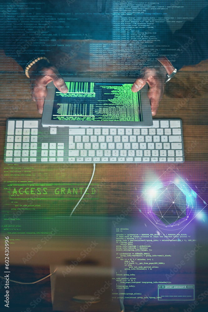 Leinwandbilder Hacking, man hands and tablet screen with gaming software, code access and password success in data overlay. Online hacker, cyber thief or coding person hacking on digital programming or computer app