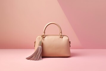 the bag with a golden tassel sits against a pink background, generative ai
