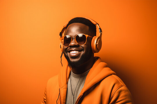 young happy african american man on a bright background in headphones listens to music. Generative AI
