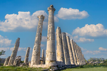  With blue sky,High resolution panoramic view Zeus temple at Uzuncaburc Ancient city located in Uzuncaburc,Silifke,Mersin,Turkey.