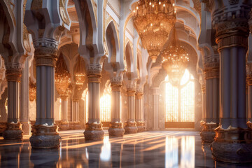Islamic architecture interior, mosque, palace. Generative AI