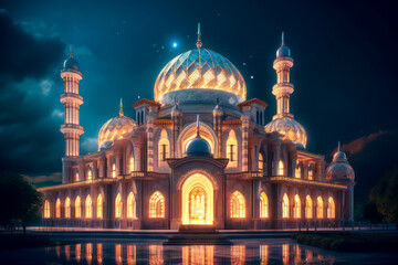 Fototapeta na wymiar Islamic architecture exterior, night, mosque. Generative AI