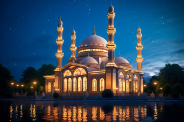 Islamic architecture exterior, night, mosque. Generative AI