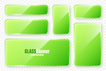 Realistic glass frames collection. Green transparent glass banners with flares and highlights. Glossy acrylic plate, element with light reflection and place for text. Vector illustration