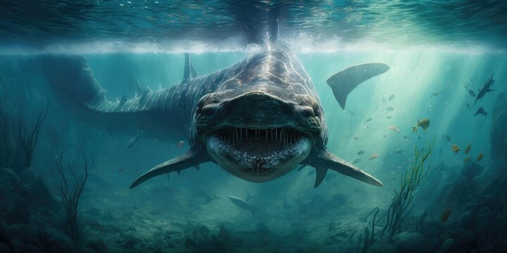 Underwater prehistoric creature or dinosaur swimming underwater. superlative generative AI image.