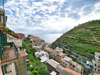 Fototapeta na wymiar Daytime view from the top of Manarola, Italy with rays of light over the ocean