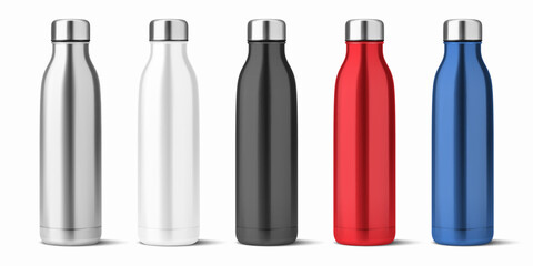 Vector Realistic 3d White, Silver, Black, Red, Blue Empty Glossy Metal Reusable Water Bottle with Silver Bung Set Closeup Isolated. Design template of Packaging Mockup. Front View