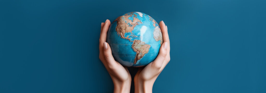 World Environment Day. Earth globe in woman's hands on a blue background, top view. Saving the planet. AI Generative. Wide banner with copy space.