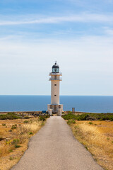 Fototapeta na wymiar Formentera: Cape Barbaria lighthouse. Vertical photo with road leading to the lighthouse of Barbaria, on the island of Formentera (Balearic Islands, Spain).
