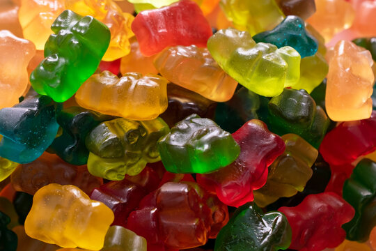 close up of colorful gummy candies, jelly bears sweets