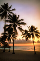 Plakat Sunset with palm trees and beach in the background with blue sky and clouds in the foreground, palm trees on the ocean. Generative AI, generative, AI