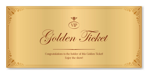 Golden ticket. Vector premium ticket template in classic style for any event. For web and print. - obrazy, fototapety, plakaty