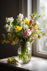 Glass of fresh spring flowers in vase near a window, high quality generative ai