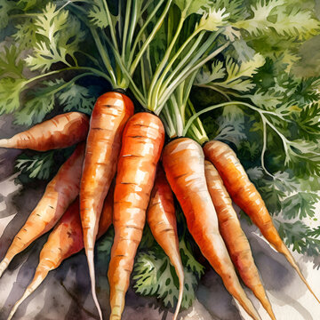 Set of watercolor carrots. Isolated illustration. beautiful juicy carrot painted in watercolor, Generative AI