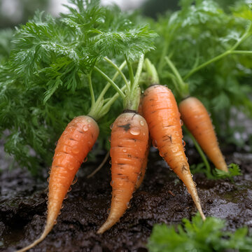 Young juicy carrots on a bed in the garden, eco products, gardening theme. Generative AI


